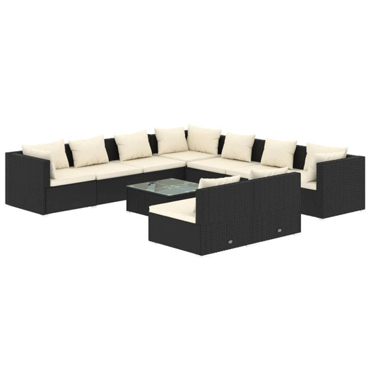 10 Piece Garden Lounge Set with Cushions Black Poly Rattan