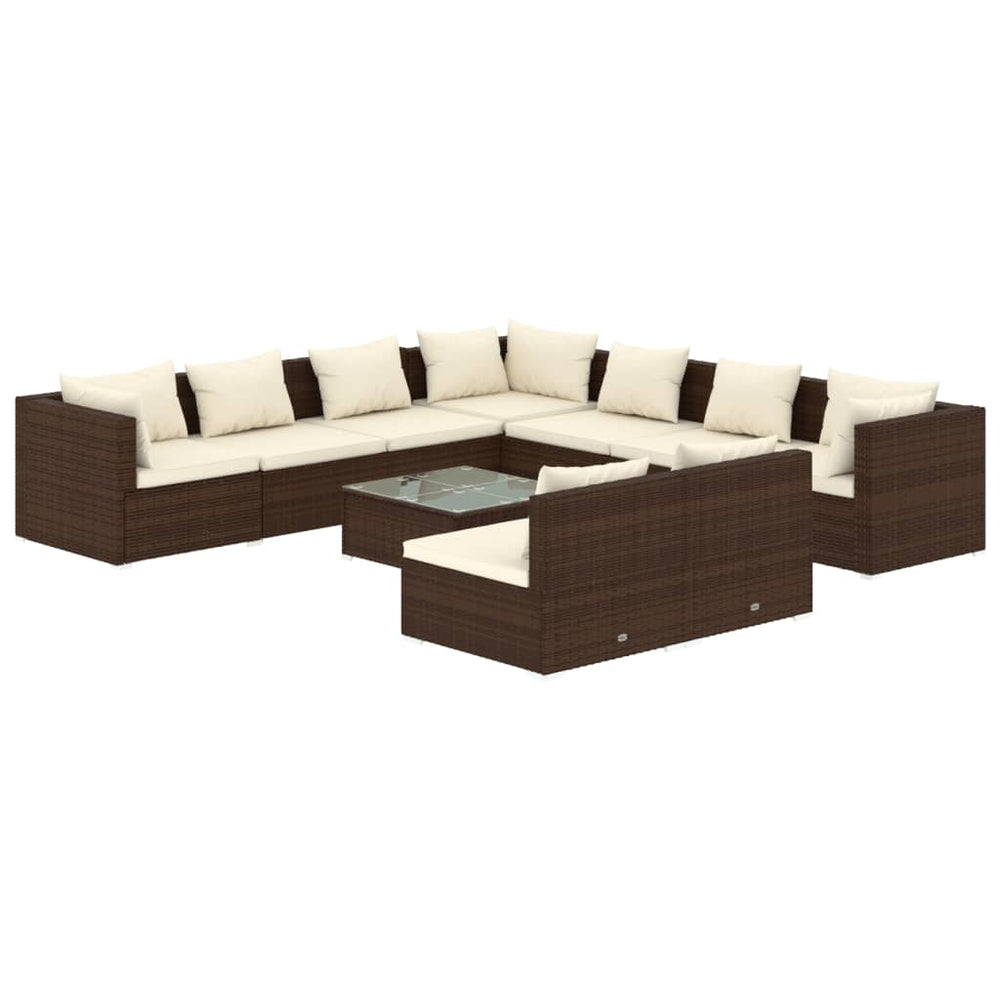 10 Piece Garden Lounge Set with Cushions Brown Poly Rattan