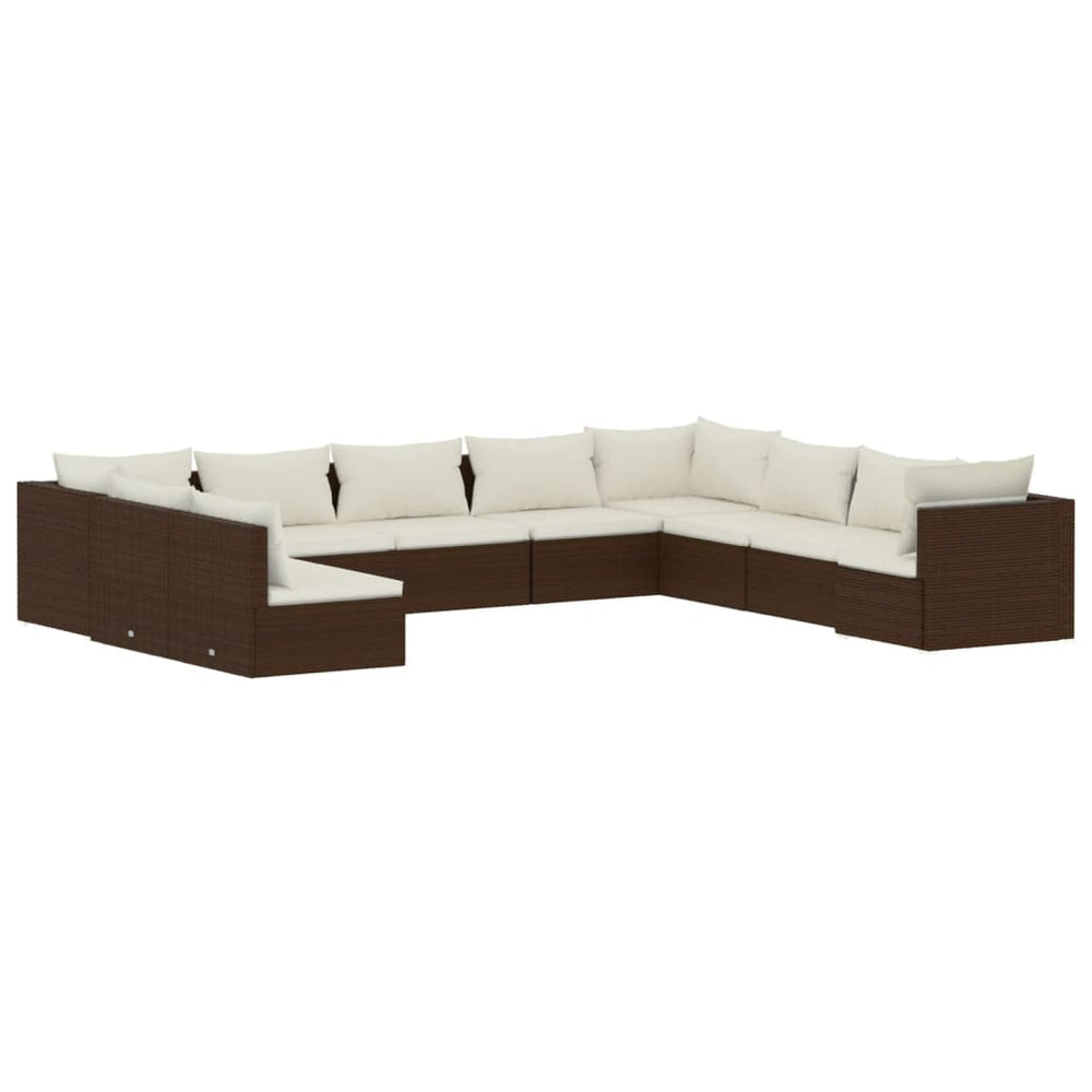 10 Piece Garden Lounge Set with Cushions Brown Poly Rattan