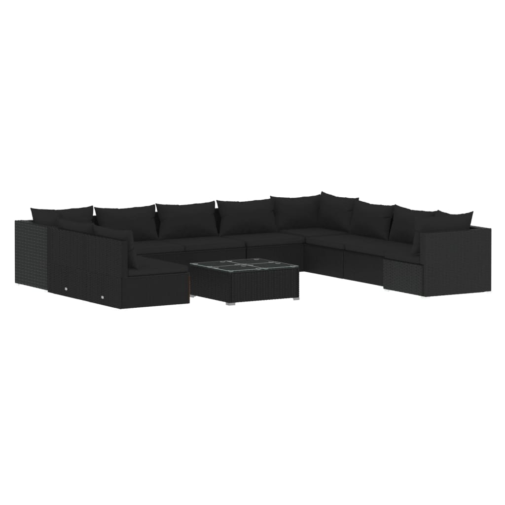 11 Piece Garden Lounge Set with Cushions Black Poly Rattan