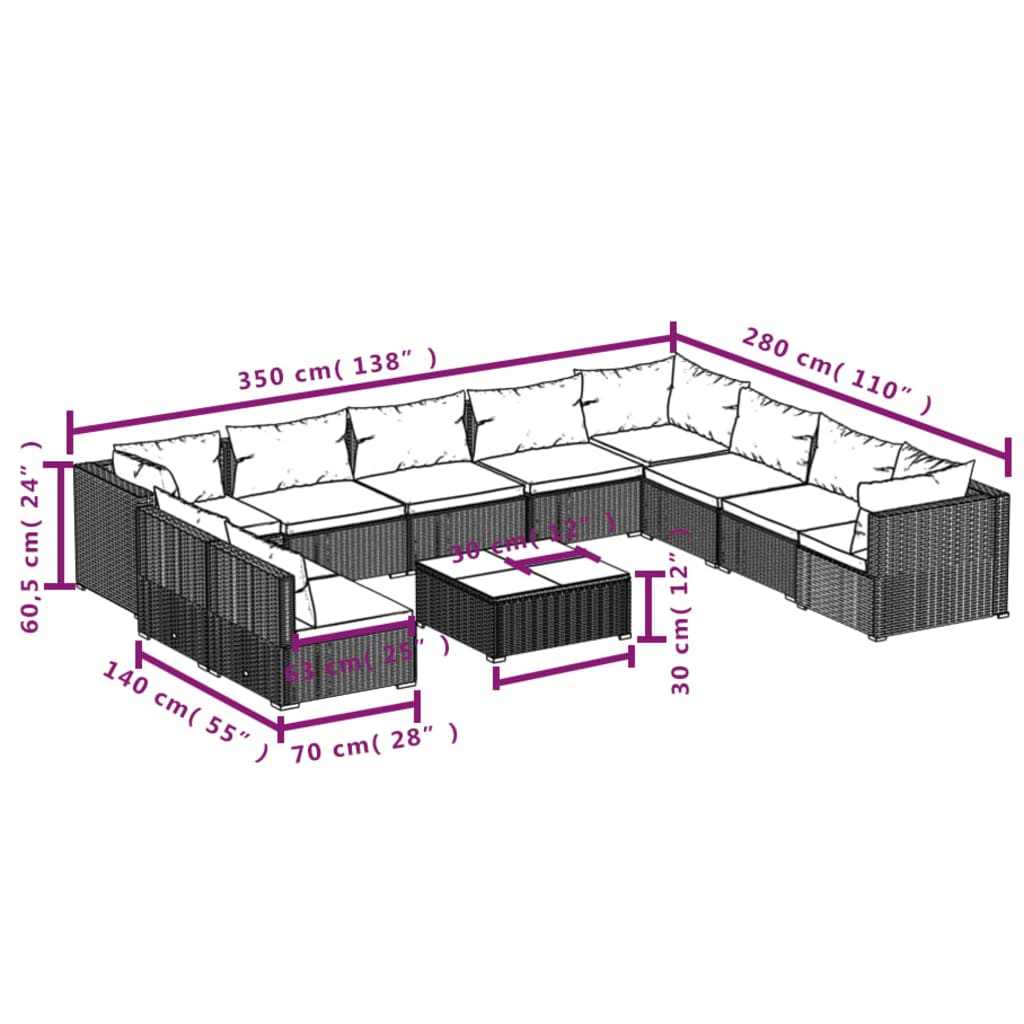 11 Piece Garden Lounge Set with Cushions Black Poly Rattan