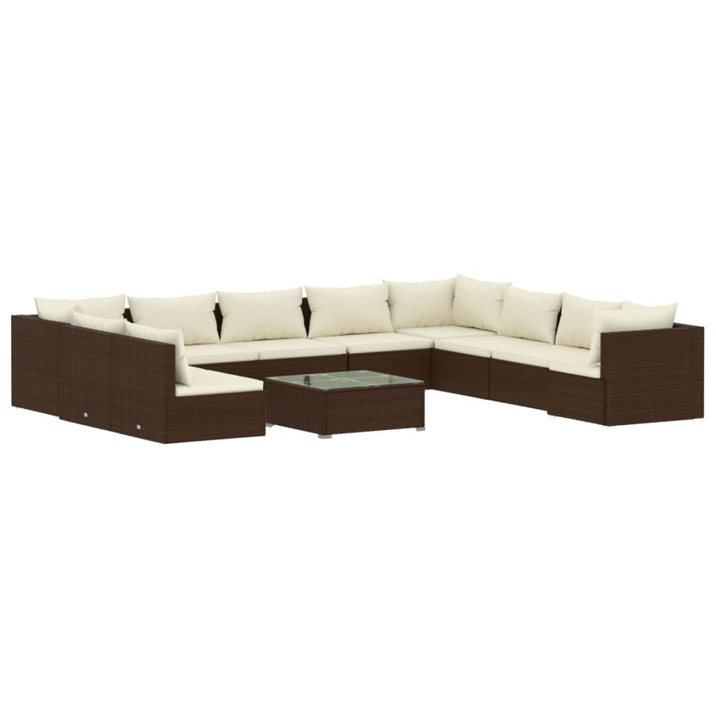 11 Piece Garden Lounge Set with Cushions Brown Poly Rattan