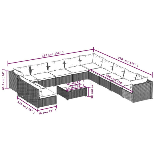 12 Piece Garden Lounge Set with Cushions Grey Poly Rattan