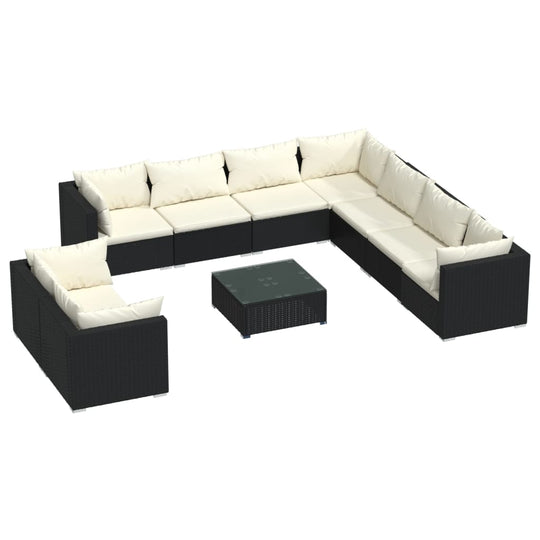 10 Piece Garden Lounge Set with Cushions Black Poly Rattan