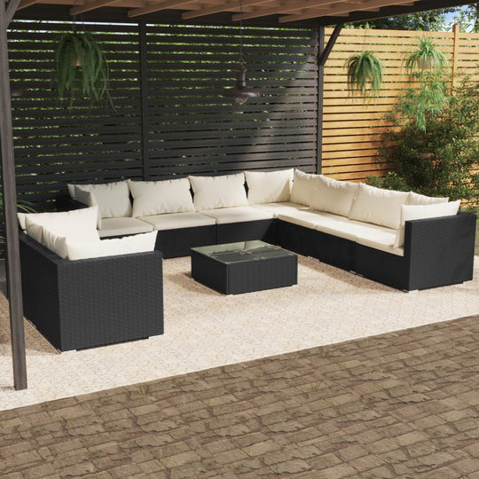 10 Piece Garden Lounge Set with Cushions Black Poly Rattan