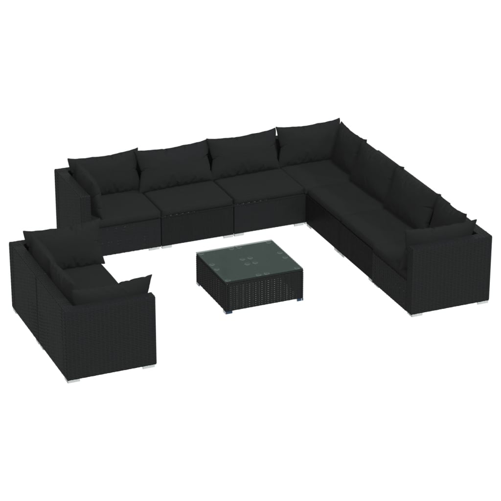 10 Piece Garden Lounge Set with Cushions Black Poly Rattan