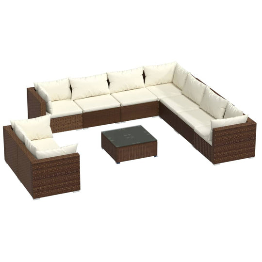 10 Piece Garden Lounge Set with Cushions Brown Poly Rattan