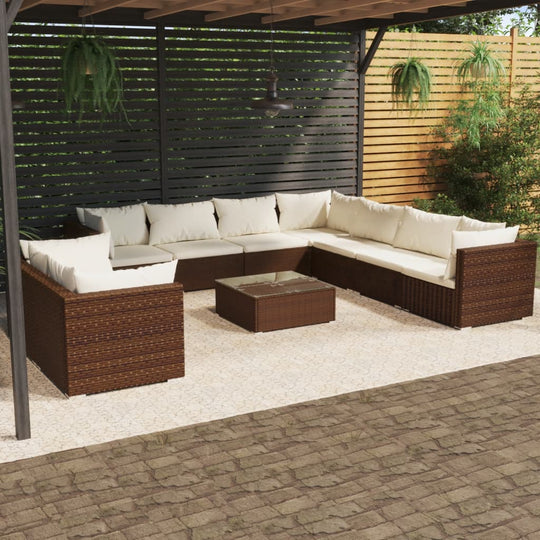 10 Piece Garden Lounge Set with Cushions Brown Poly Rattan