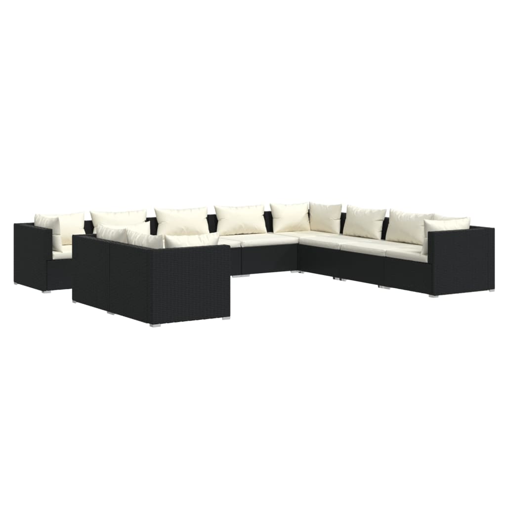 10 Piece Garden Lounge Set with Cushions Black Poly Rattan