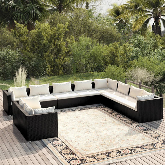 10 Piece Garden Lounge Set with Cushions Black Poly Rattan