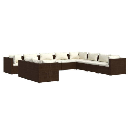 10 Piece Garden Lounge Set with Cushions Brown Poly Rattan