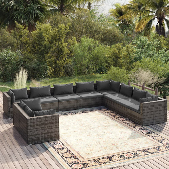 10 Piece Garden Lounge Set with Cushions Grey Poly Rattan