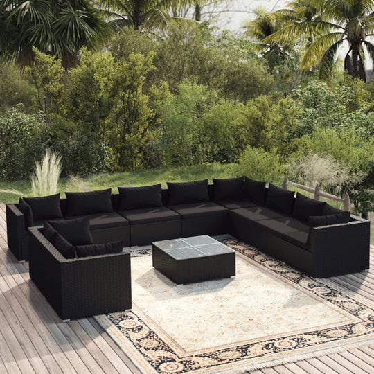 11 Piece Garden Lounge Set with Cushions Black Poly Rattan