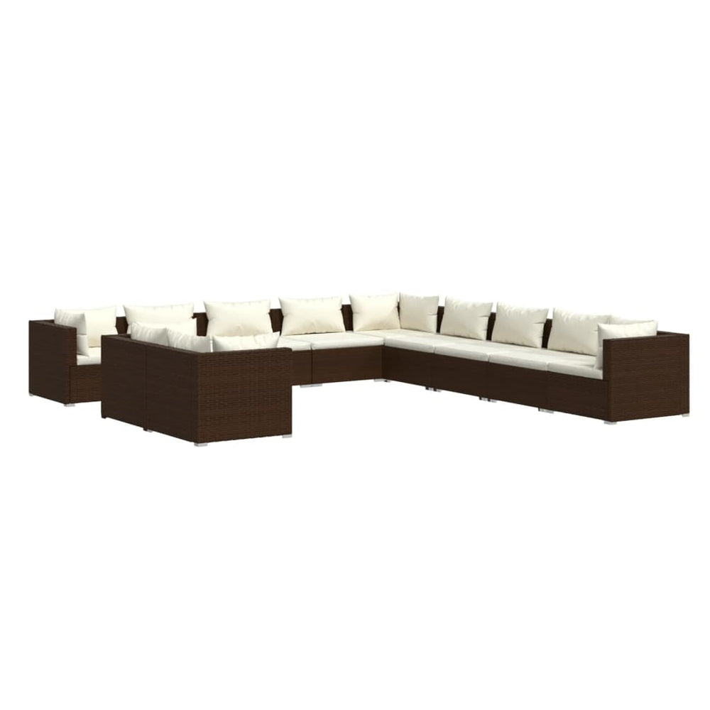 11 Piece Garden Lounge Set with Cushions Brown Poly Rattan