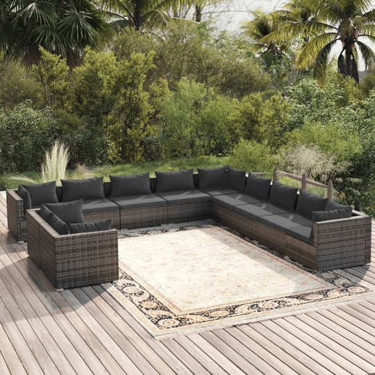 11 Piece Garden Lounge Set with Cushions Grey Poly Rattan