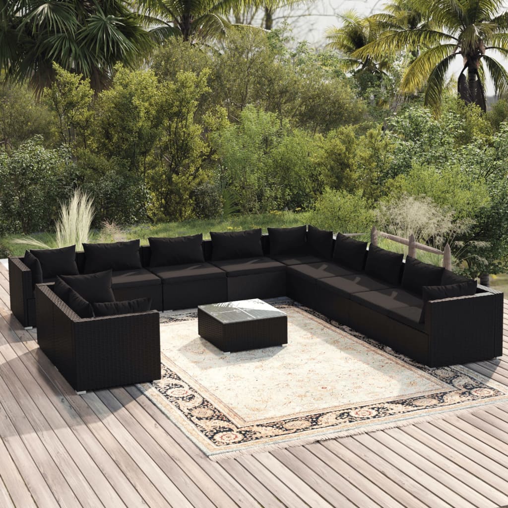 12 Piece Garden Lounge Set with Cushions Black Poly Rattan