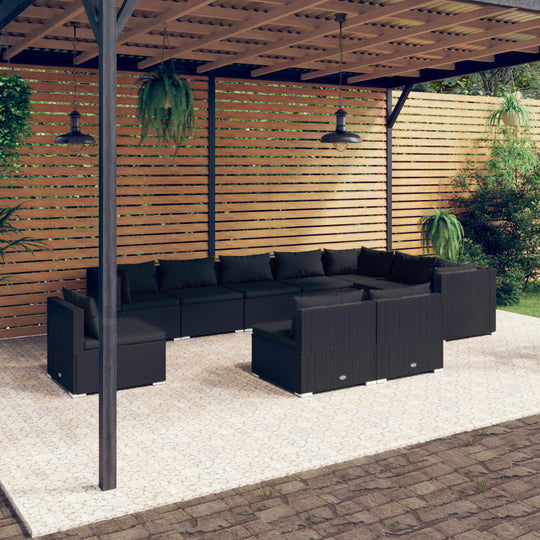 10 Piece Garden Lounge Set with Cushions Poly Rattan Black