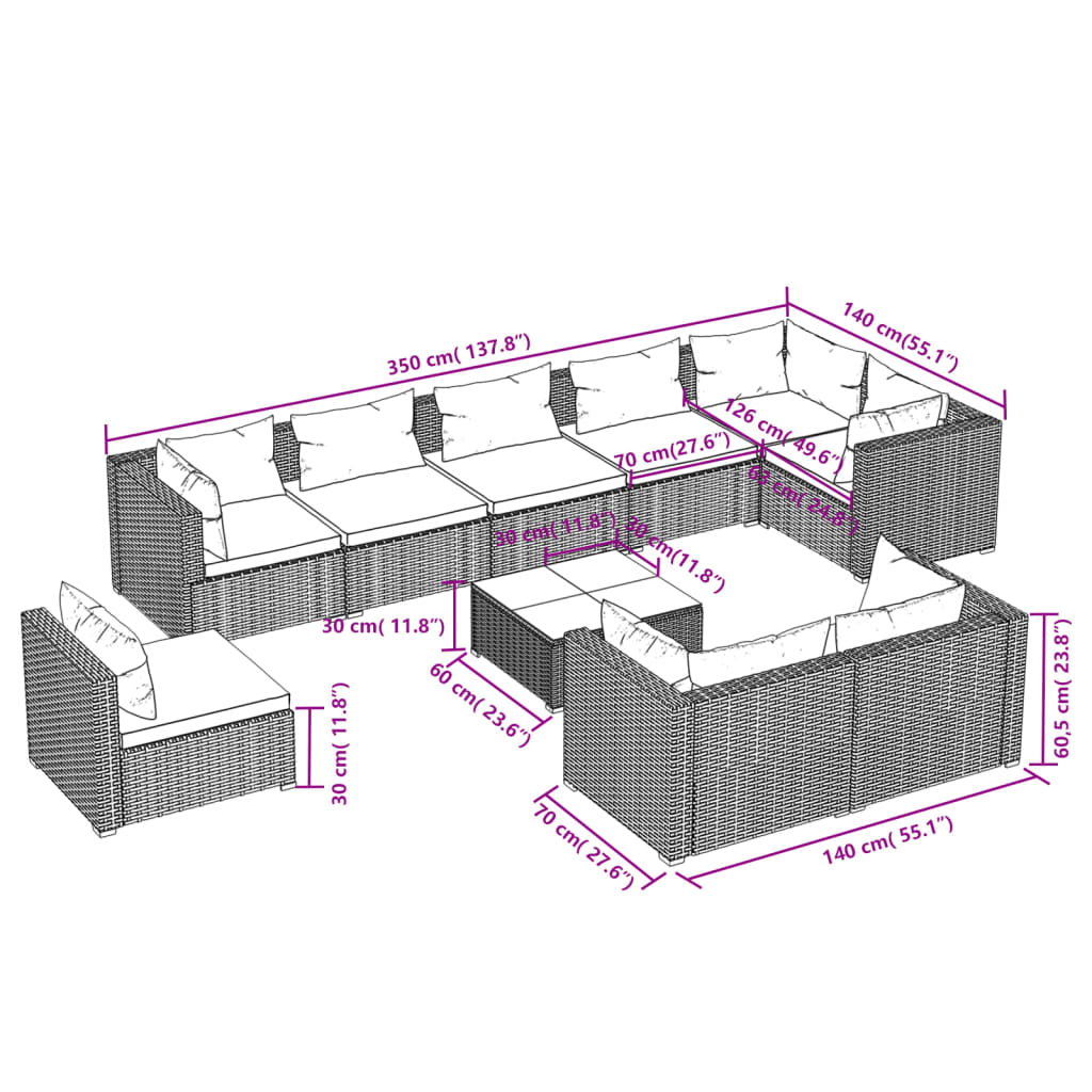 10 Piece Garden Lounge Set with Cushions Poly Rattan Grey