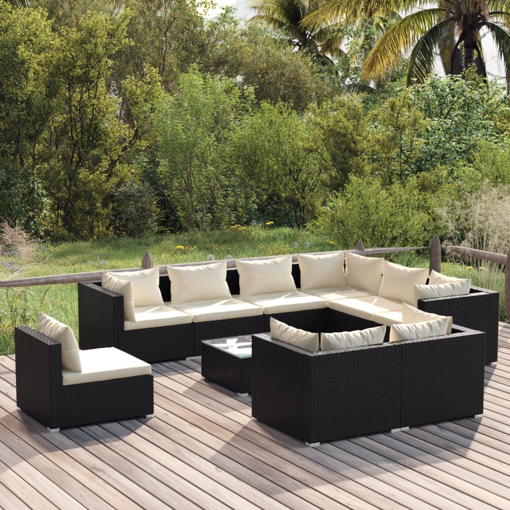 10 Piece Garden Lounge Set with Cushions Poly Rattan Black