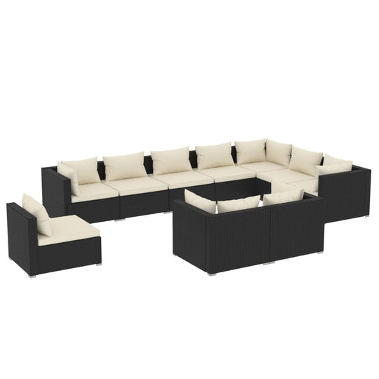 10 Piece Garden Lounge Set with Cushions Poly Rattan Black