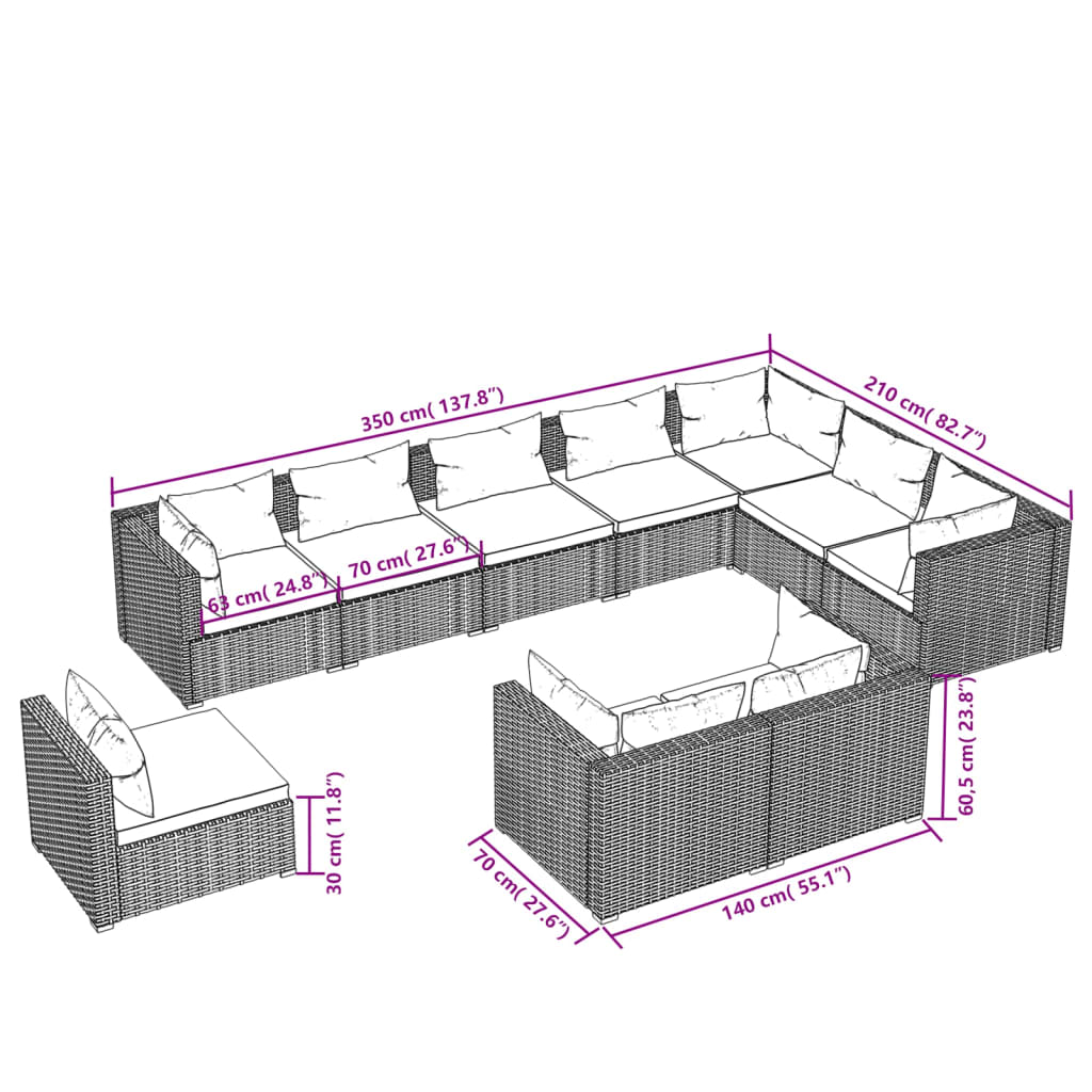 10 Piece Garden Lounge Set with Cushions Poly Rattan Grey