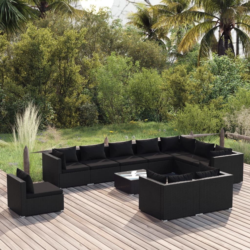 11 Piece Garden Lounge Set with Cushions Poly Rattan Black