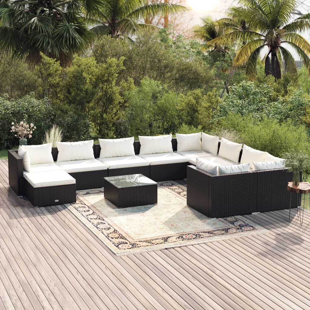 11 Piece Garden Lounge Set with Cushions Poly Rattan Black