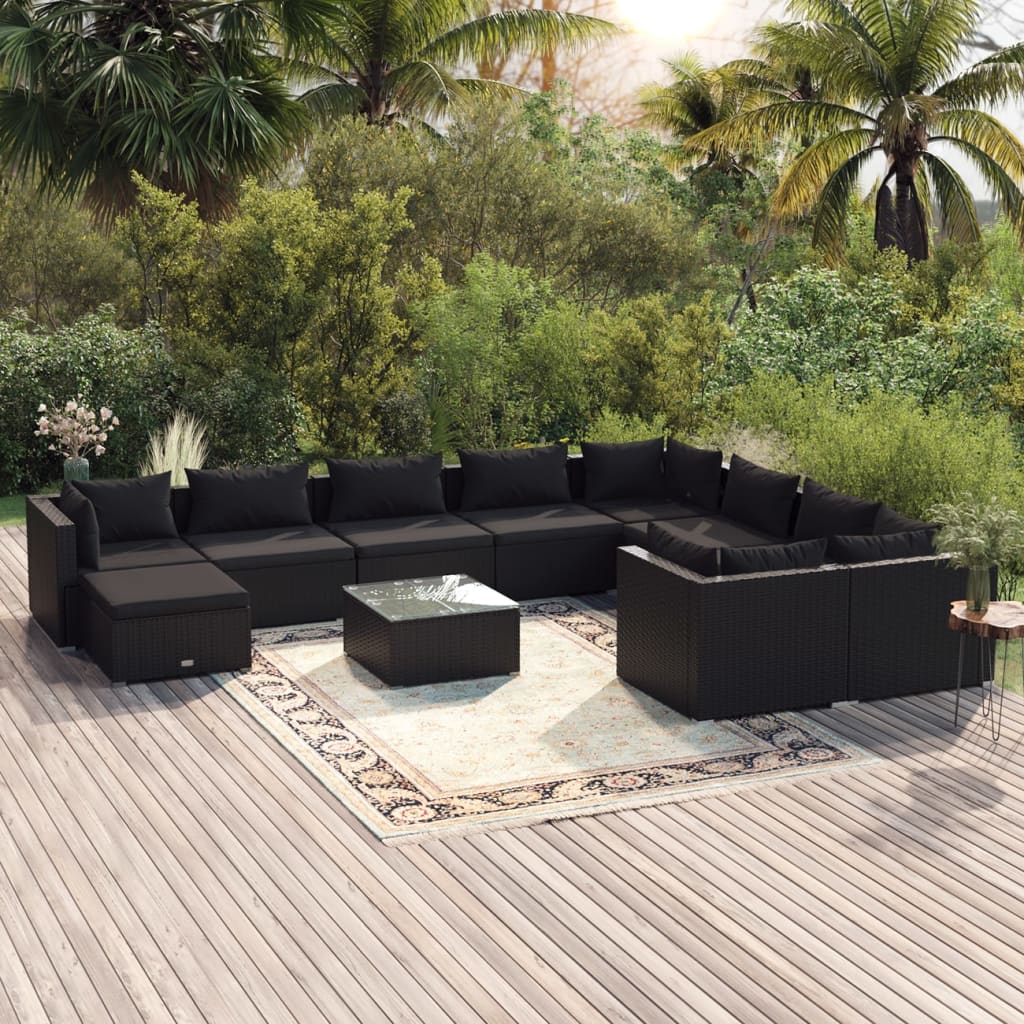 11 Piece Garden Lounge Set with Cushions Poly Rattan Black