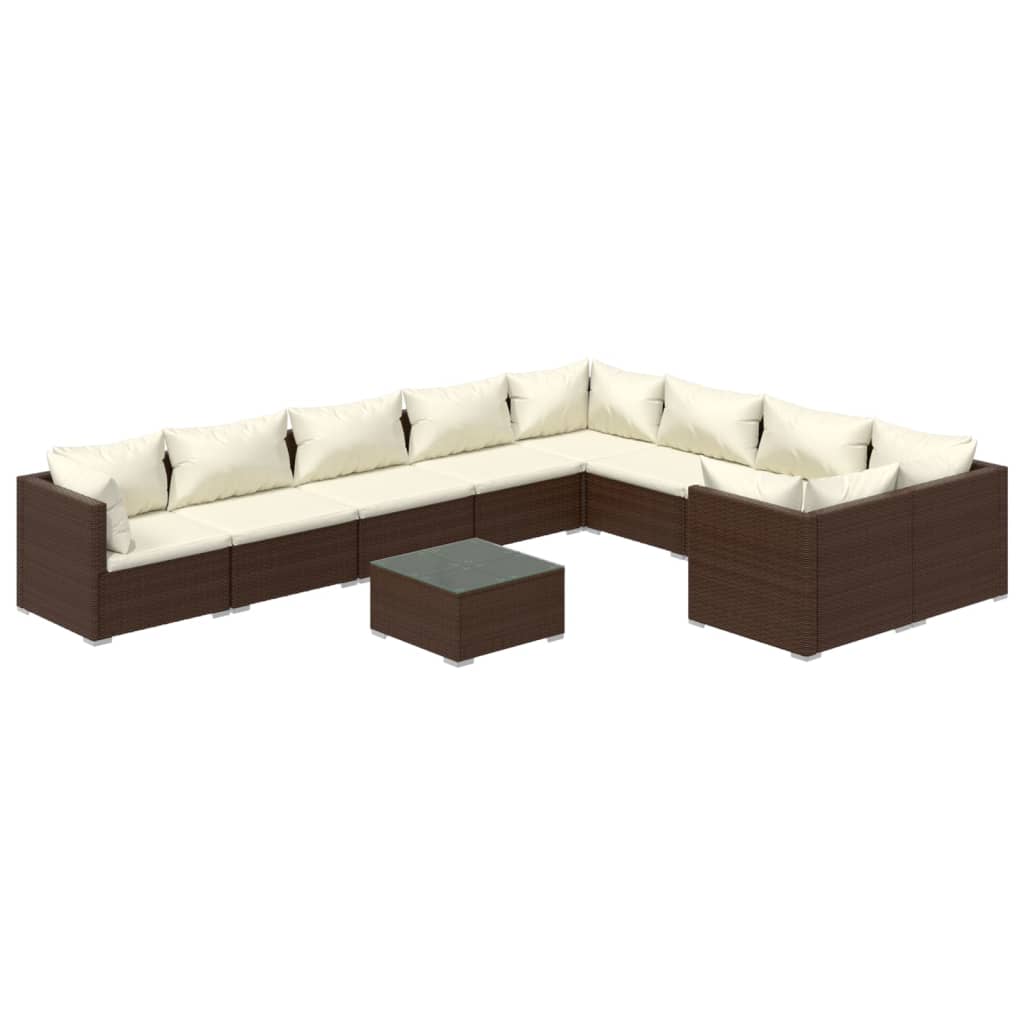 10 Piece Garden Lounge Set with Cushions Poly Rattan Brown