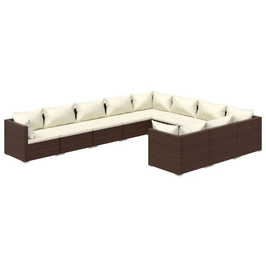 10 Piece Garden Lounge Set with Cushions Poly Rattan Brown