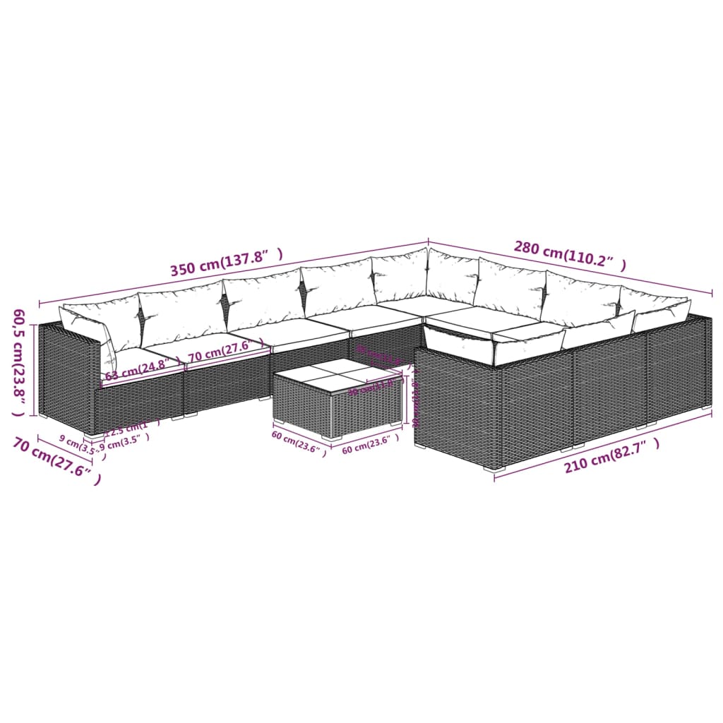 11 Piece Garden Lounge Set with Cushions Poly Rattan Grey