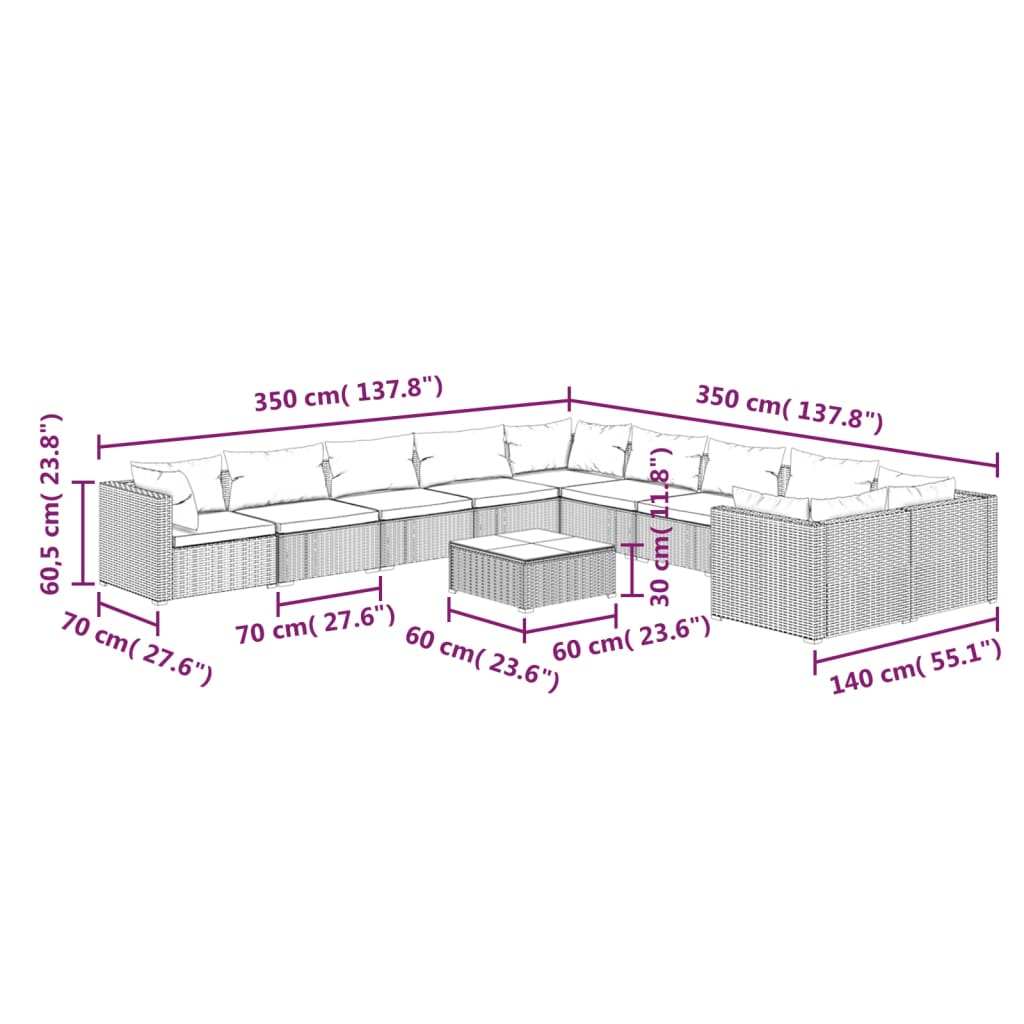 11 Piece Garden Lounge Set with Cushions Poly Rattan Grey