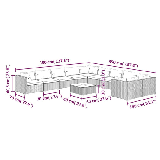 11 Piece Garden Lounge Set with Cushions Poly Rattan Grey