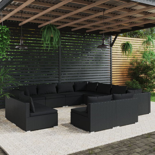 11 Piece Garden Lounge Set with Cushions Black Poly Rattan