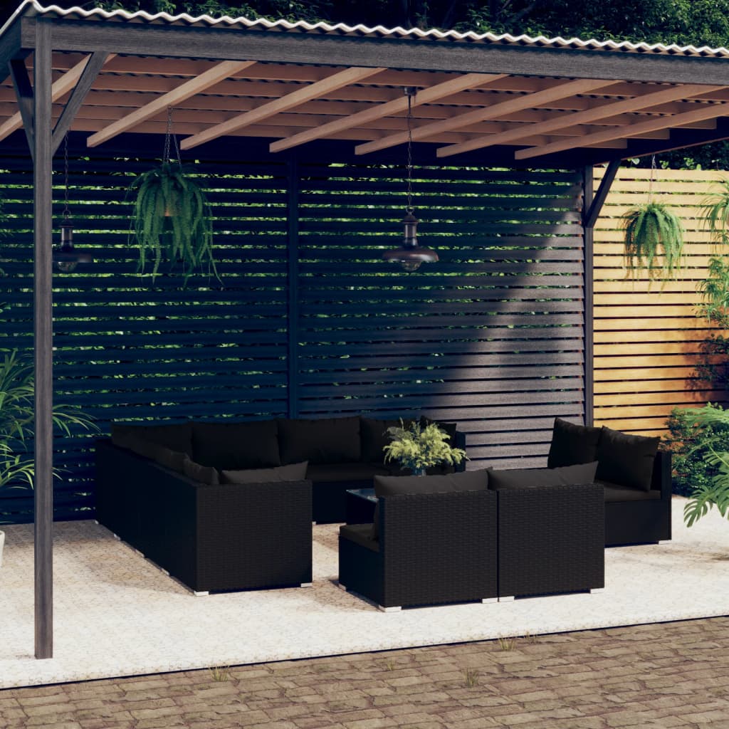 12 Piece Garden Lounge Set with Cushions Black Poly Rattan