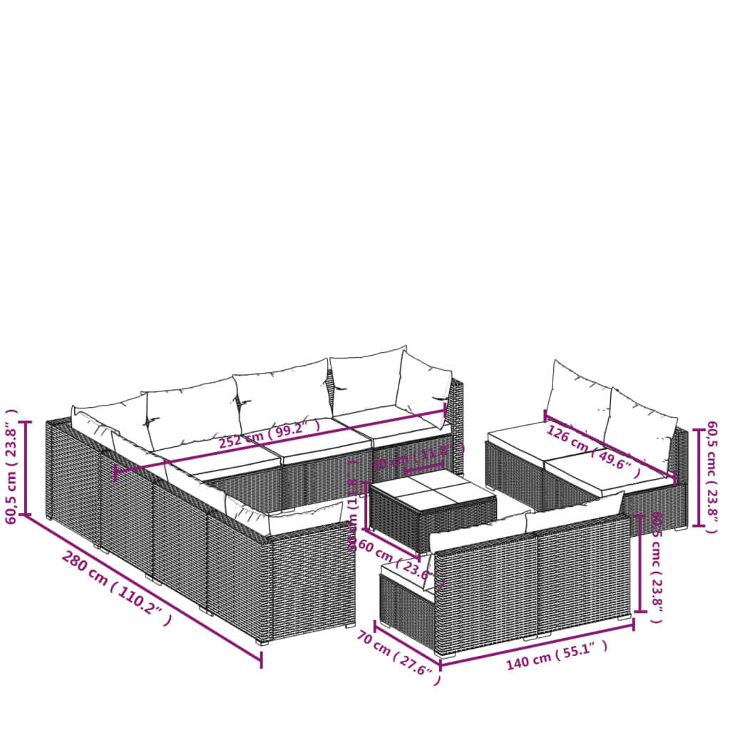 12 Piece Garden Lounge Set with Cushions Grey Poly Rattan