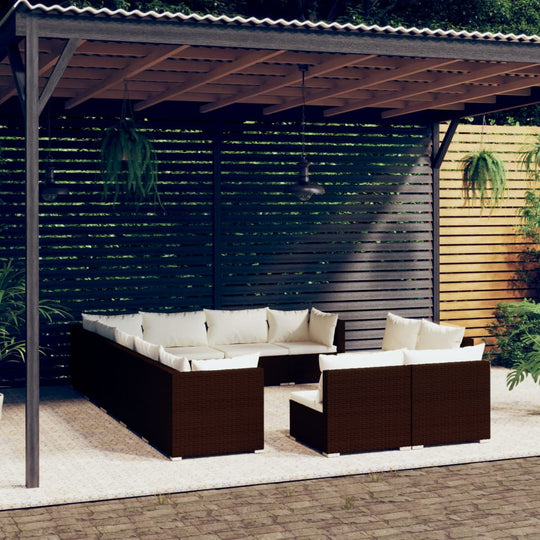 12 Piece Garden Lounge Set with Cushions Brown Poly Rattan