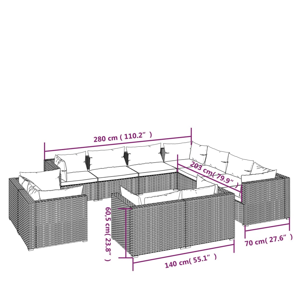 11 Piece Garden Lounge Set with Cushions Black Poly Rattan