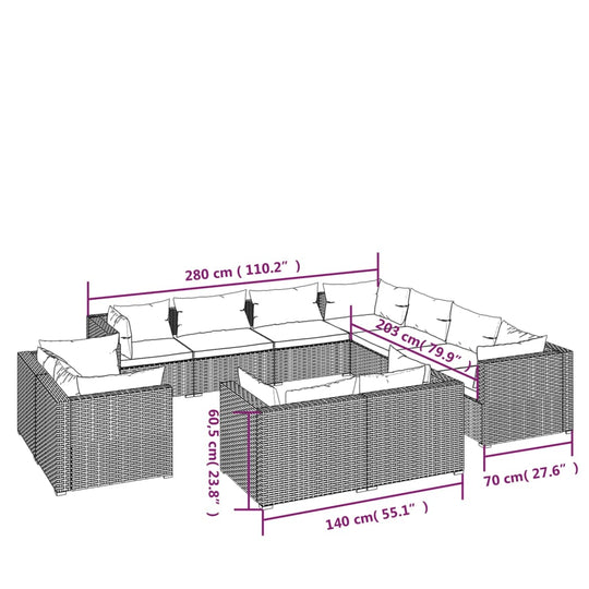 11 Piece Garden Lounge Set with Cushions Brown Poly Rattan