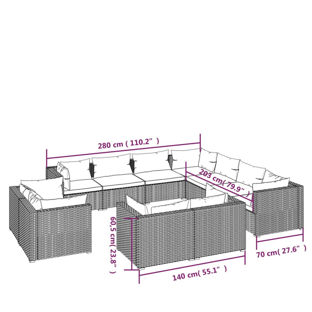 11 Piece Garden Lounge Set with Cushions Grey Poly Rattan