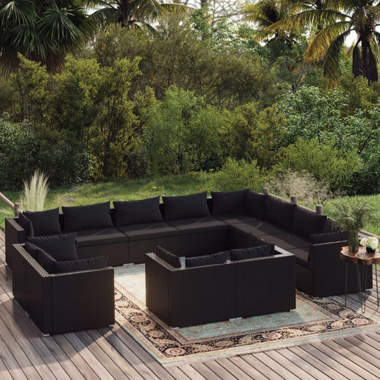 12 Piece Garden Lounge Set with Cushions Black Poly Rattan