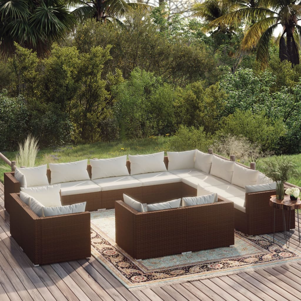 12 Piece Garden Lounge Set with Cushions Brown Poly Rattan