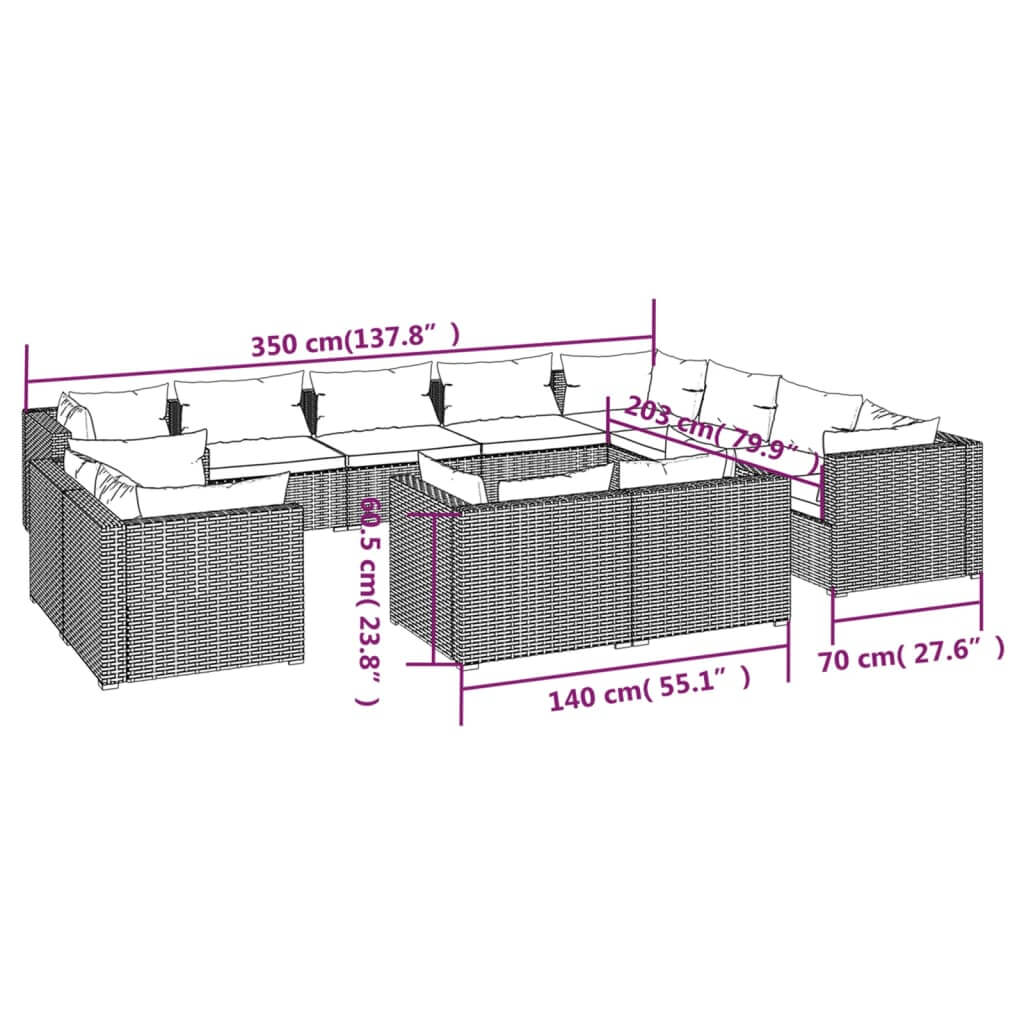 12 Piece Garden Lounge Set with Cushions Grey Poly Rattan