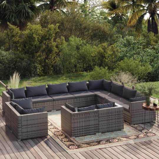 12 Piece Garden Lounge Set with Cushions Grey Poly Rattan