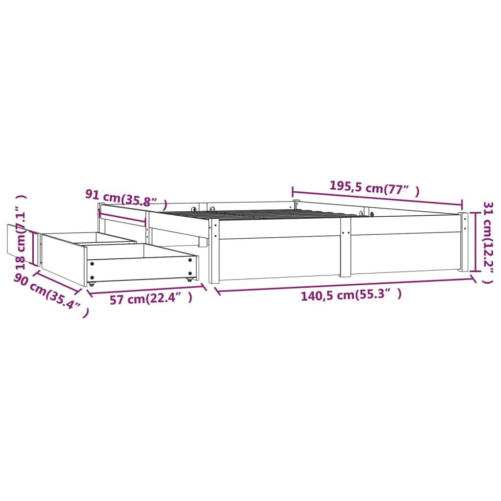 Bed Frame without Mattress with Drawers 135x190 cm