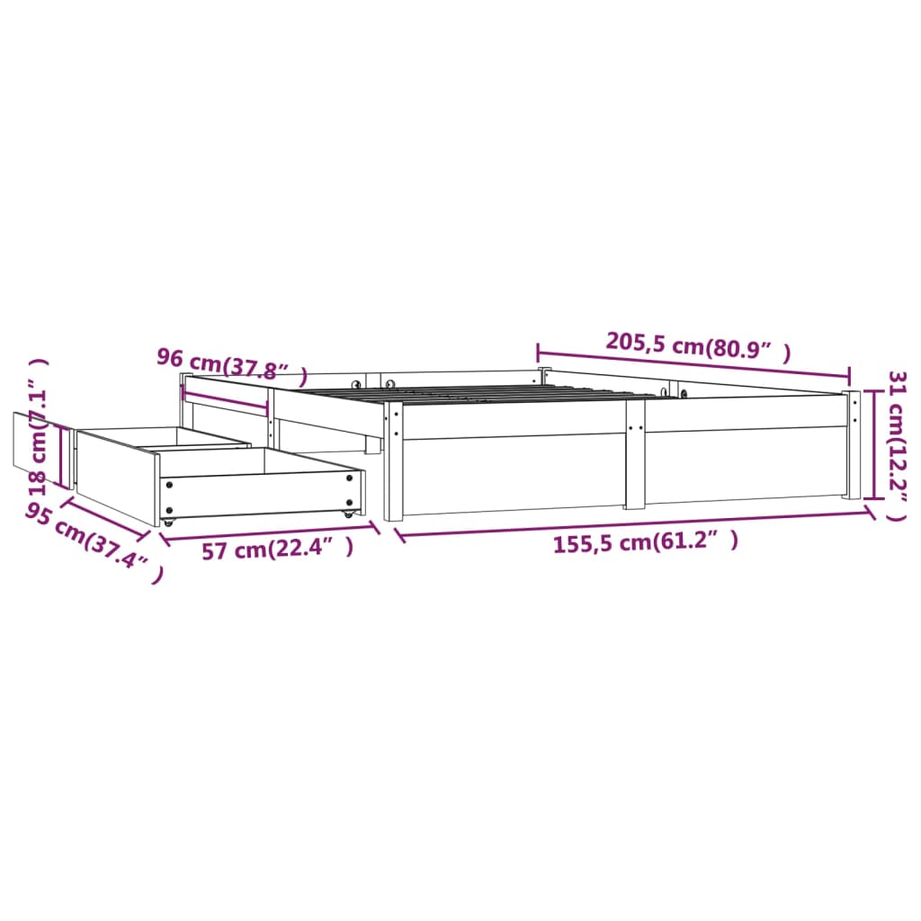 Bed Frame without Mattress with Drawers 150x200 cm