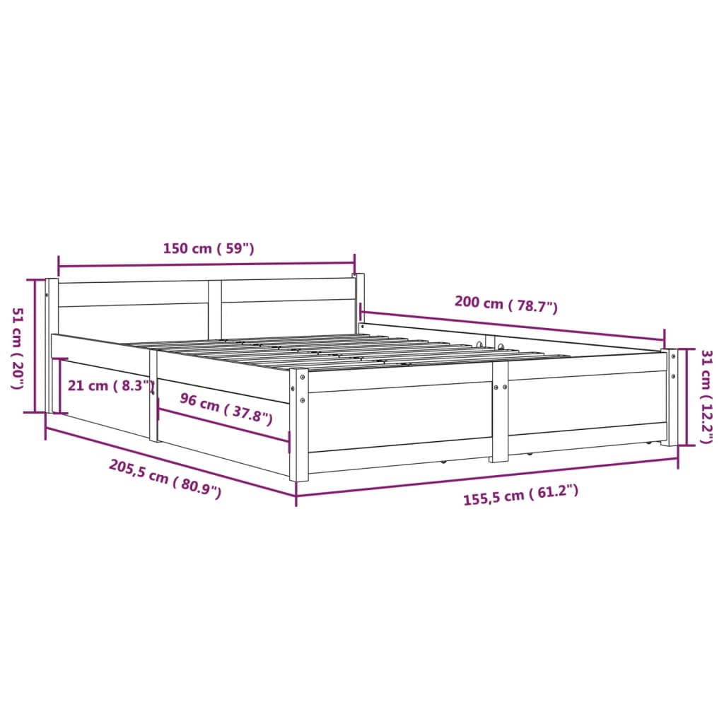 Bed Frame without Mattress with Drawers White 150x200 cm