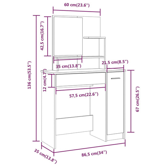 Dressing Table with Mirror White 86.5x35x136 cm