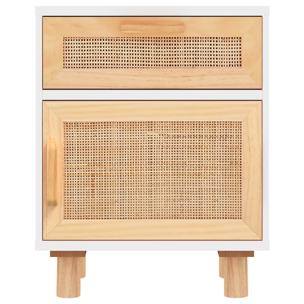 Bedside Cabinets 2 pcs White Solid Wood Pine and Natural Rattan