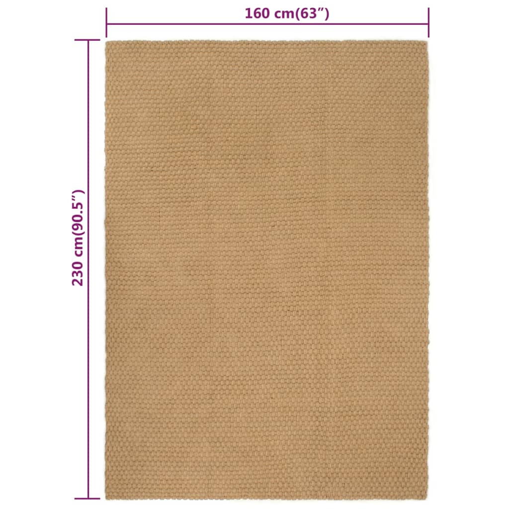 Rectangular natural jute rug measuring 160x230 cm, featuring a 2x2 rope knit pattern, offering affordable quality and style for interiors.